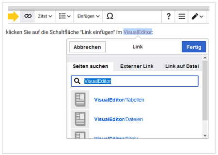 Geöffnetes Link-Dialogfeld mit Link auf die Seite VisualEditor