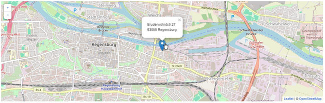 Straßenkarte von Regensburg mit Marker für Bruderwöhrdstr. 27, 93055 Regensburg