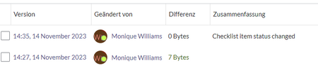 Anzeige der Versionsgeschichte mit ausgewiesener Checklist-Änderung