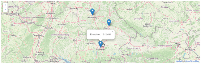 Kartenausgabe der Städte München, Regensburg, Nürnberg mit Einwohneranzahl der Stadt München.