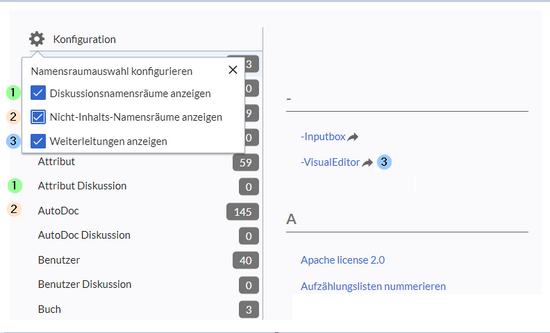 Konfigurationsmenü mit allen drei Optionen als ausgewählt und den entsprechenden Ausgaben mit Nummerierung markiert