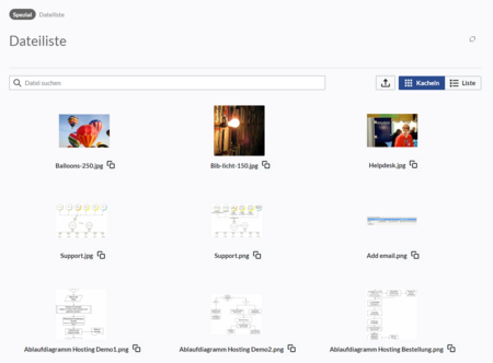 Spezialseite Dateiliste im Kachelformat mit 9 Vorschaubildern