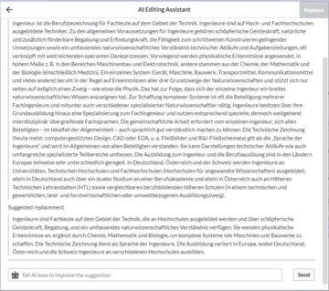 Der KI-Dialog zeigt einen Text über Ingenieure und den Vorschlag einer vereinfachten Version des Textes mit 5 Sätzen