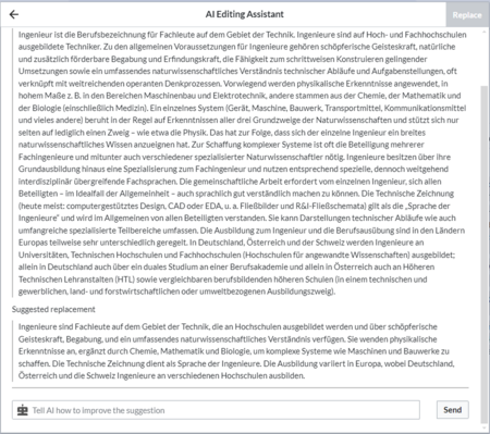Ersetzungstext mit KI-Vorschlag zum Berufsfeld Ingenieur
