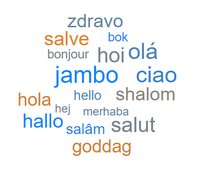 Wortwolke mit Übersetzungen des Wortes "Hallo"